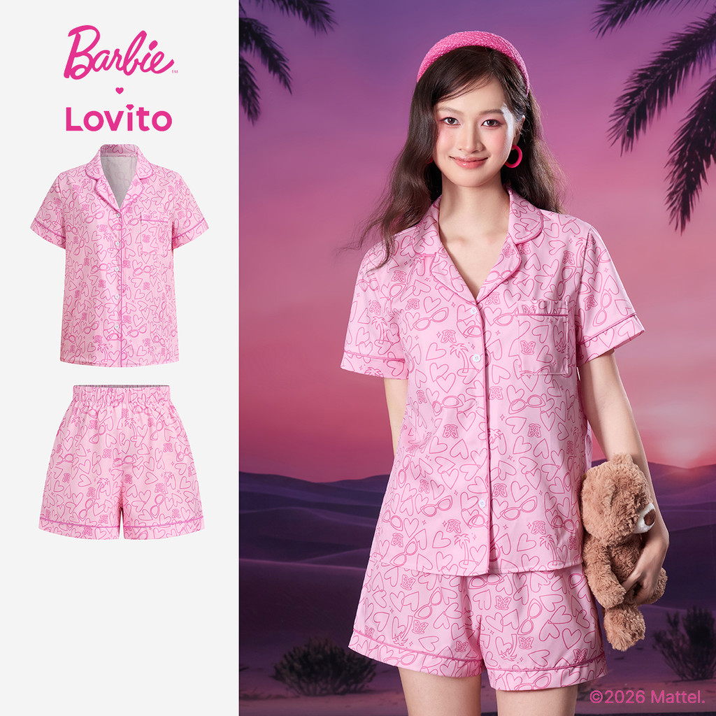 Barbie™ X Lovito Top Rosa Manga Curta Gola Ponta Cintura Média Pernas Largas Botões Borda Bolso LBL5AD023