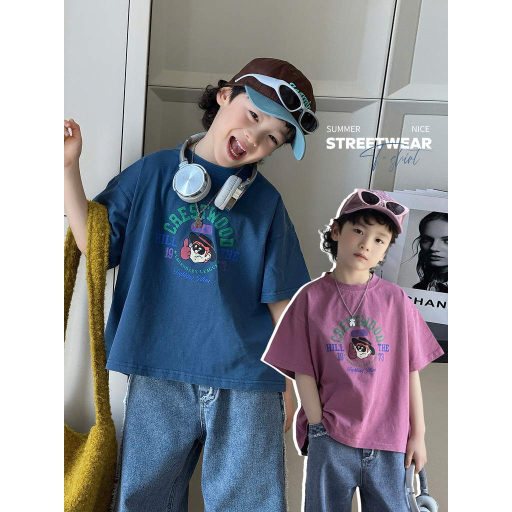 Meninos verão camiseta de manga curta 2026 novo estilo crianças estilo verão impresso dos desenhos animados camisa de fu