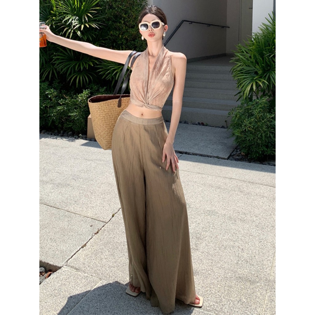Férias à beira-mar drapeado Tencel flutuante Culottes estilo preguiçoso cintura alta calças de perna larga esfregando ch