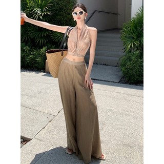 Férias à beira-mar drapeado Tencel flutuante Culottes estilo preguiçoso cintura alta calças de perna larga esfregando ch
