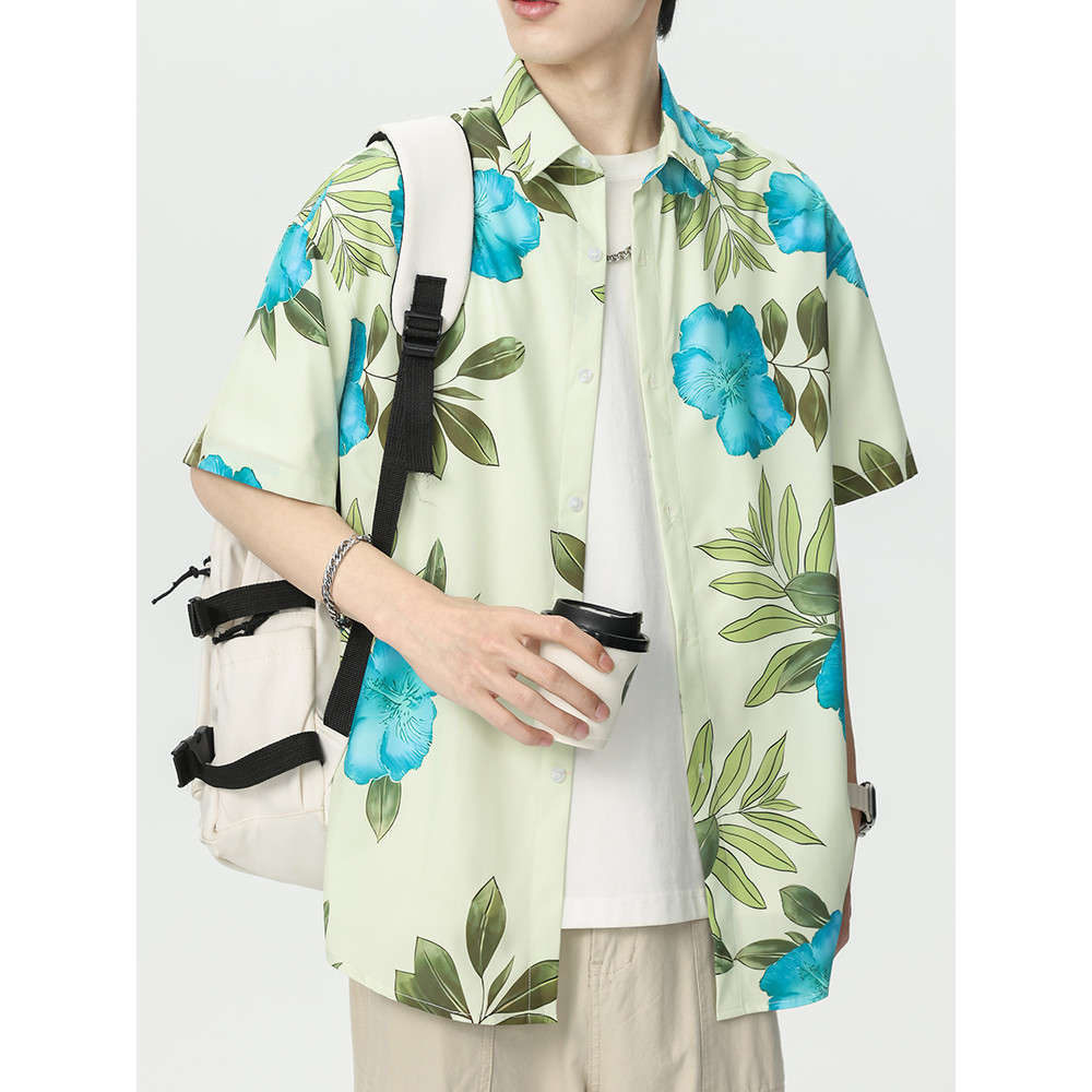 Verão fino masculino havaí gelo seda de manga curta Casual flor camisa jaqueta 2026 novo estilo rua Wear camisa roupas m
