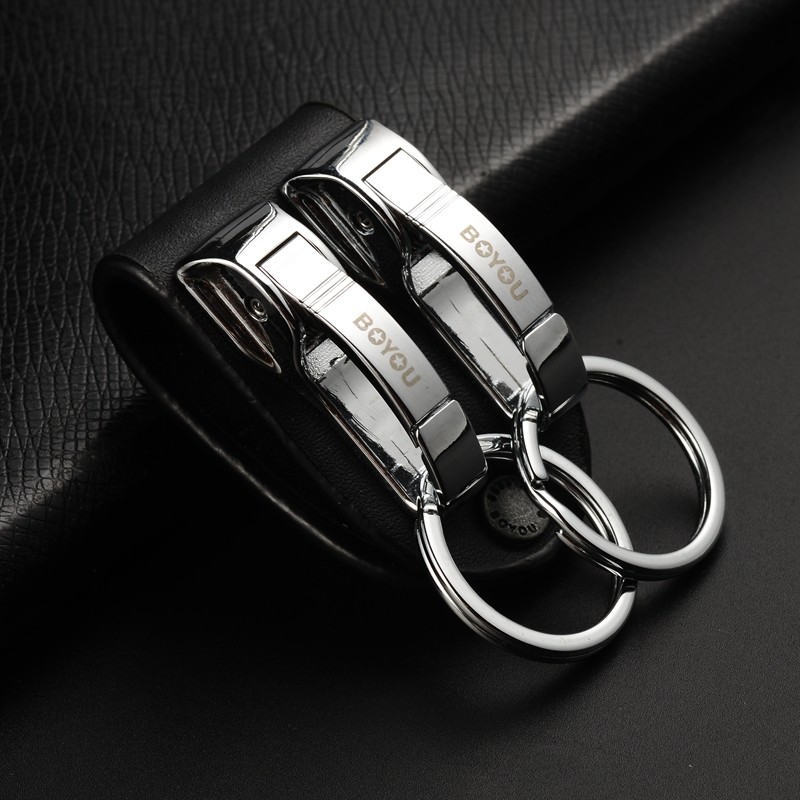 Boyou couro genuíno duplo anel cintura chaveiro carro masculino usar cinto chaveiro presente pingente