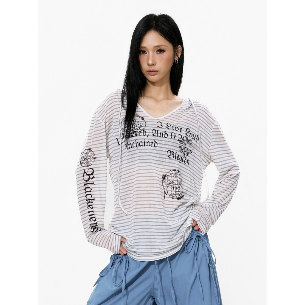 S3T5 Light Ya y2k listrado impresso solto com capuz de manga comprida camiseta feminina All-Match respirável protetor so