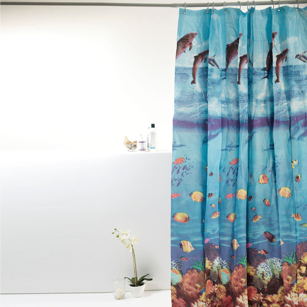 Cortina Box Pvc Fundo Do Mar Azul 198X180Cm - Uzoo