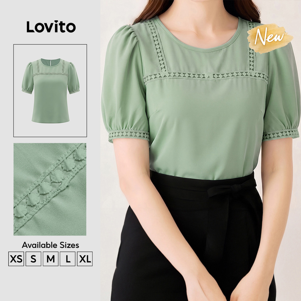 (New Arrival) Lovito Elegante Blusa Com Babados Exagerados Em Tecido Costura Verde Primavera/verão Para Mulheres BLK9P1D996