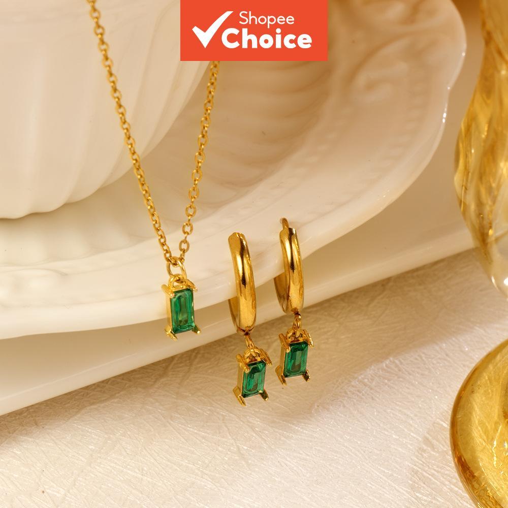 Conjunto de Joias Retangular de Zircônia Verde BUY1TAKE1: Colar e Brincos de Argola em Aço Inoxidável, Antialérgico e