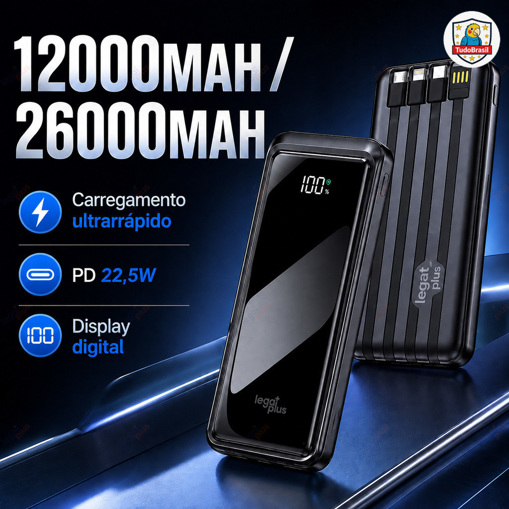 Novo Power Bank 12000mAh ou 26000mAh Grande Capacidade com Display LED, 4 Cabos Integrados, Acabamento Brilhante