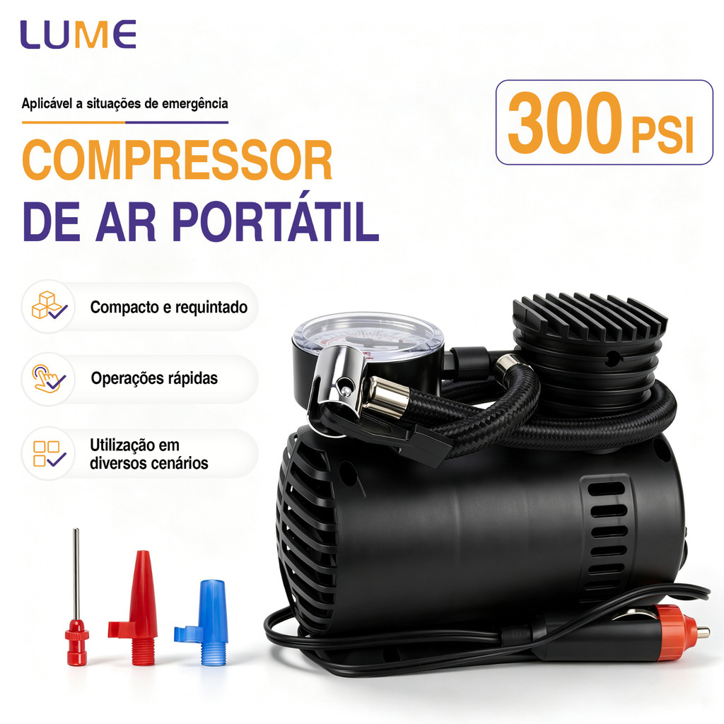 Compressor de Ar Portátil 12V 300PSI 35L/min para Pneus Carro Moto Bicicleta com Manômetro
