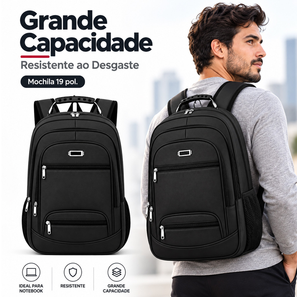 Mochila de Costas Impermeável com Porta USB Multicompartimentos Alças Acolchoadas para Notebook 19 Polegada