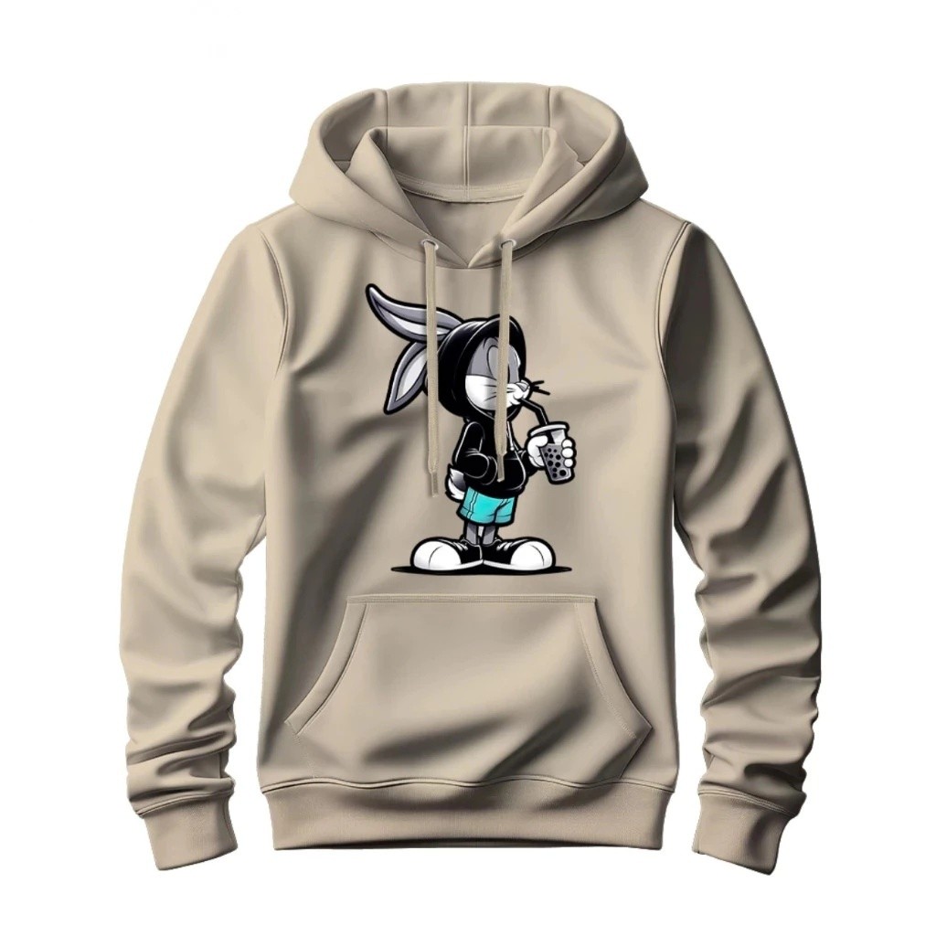 Moletom Coelho Cartoon Streetwear Masculino Feminino e Infantil Flanelado com Capuz e Bolso Canguru Blusa de Frio