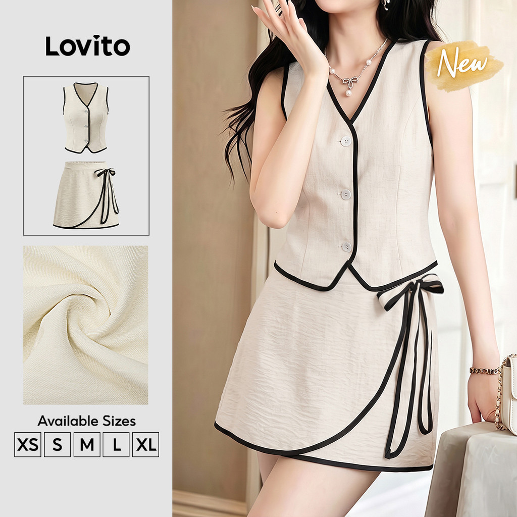 (New Arrival) Lovito Saia Casual Feminina Preta E Branca Acabamento Contrastante amarração E botões Frontais SHB204P1D352