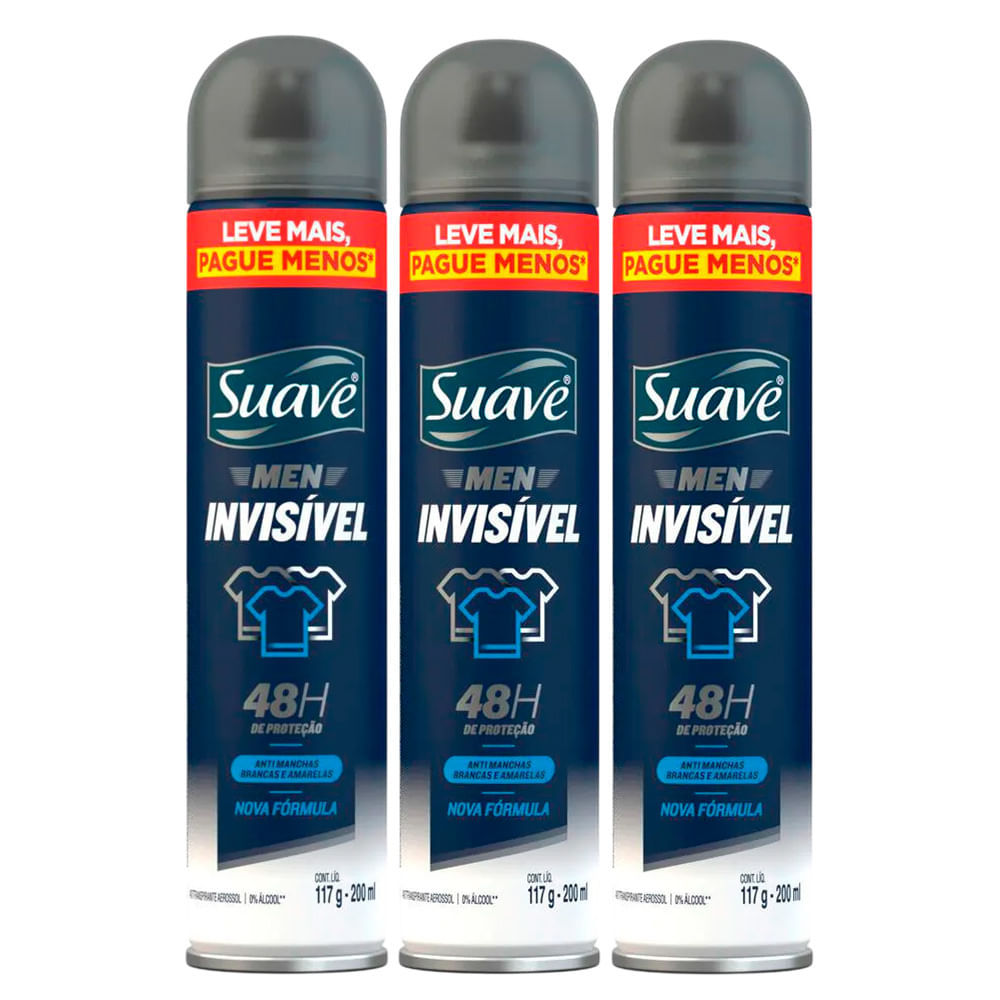 Kit Desodorante Aerosol Suave Men Invisible 48 horas de Proteção 200ml - 3 Unidades