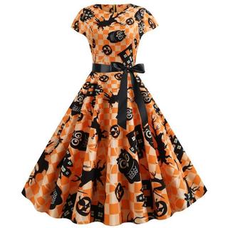 Halloween retro Hepburn estilo padrão impresso grande vestido de balanço com cinto feminino retro vestido de festa de ha