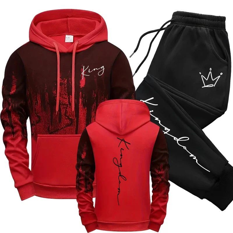 Rei Carta Impressa Conjunto Masculino Com Capuz E Moletom Outono Inverno Diário Casual Moda Esportiva Ao Ar Livre Fitnes