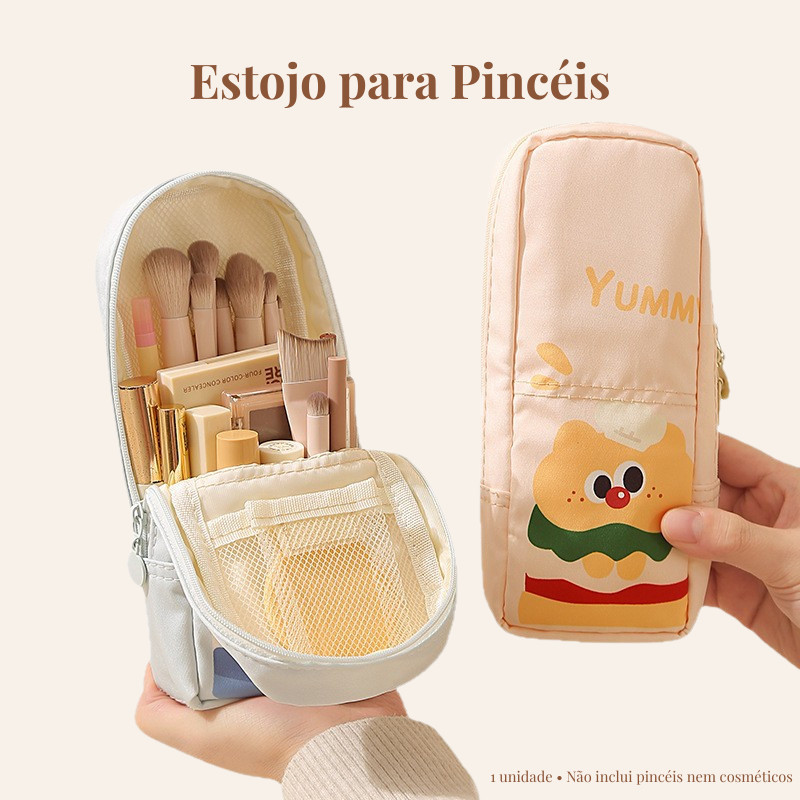 Necessaire Porta Pincéis de Maquiagem Estojo Vertical com Zíper Estampa Fofa para Viagem