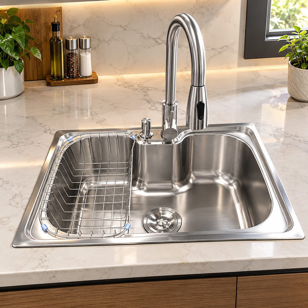 Cuba de Cozinha Gourmet 60x42cm Aço Inox Com Torneira Extensível Monocomando com Misturador