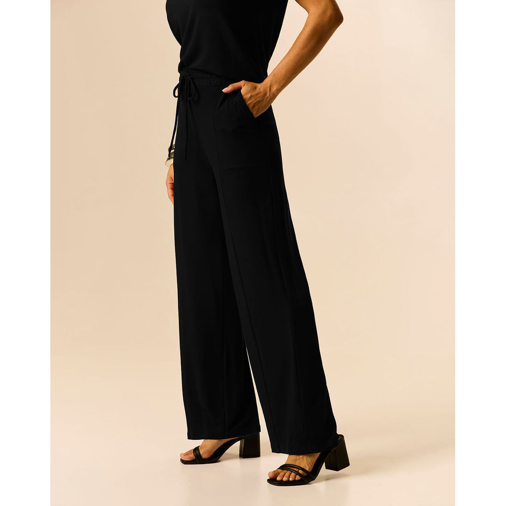 Calça Wide Leg Feminina Bolso Faca Cadarço Frontal Em Moletinho De Viscose — imagem 2 de 2