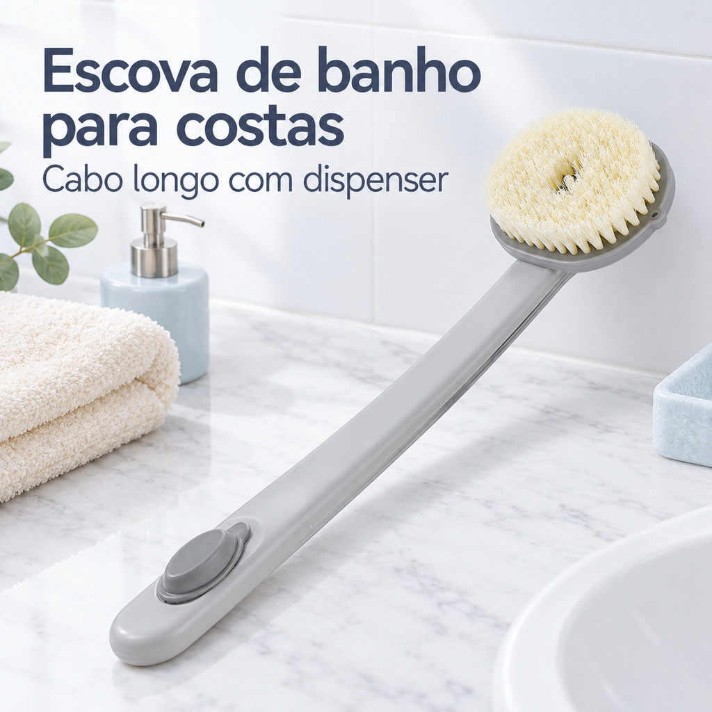 Escova de Banho com Cabo Longo Dispenser de Sabonete Líquido e Cerdas Macias para Limpeza das Costas e Corpo Cinza 36 cm