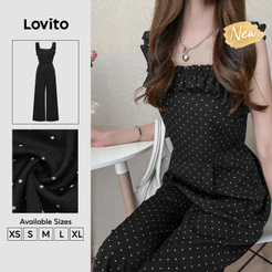 (New Arrival) Lovito Macacão Preto Feminino Casual De Cor Lisa Sem Mangas Com Folhos Para Primavera/verão E Fins De Semana JRB204P1D570