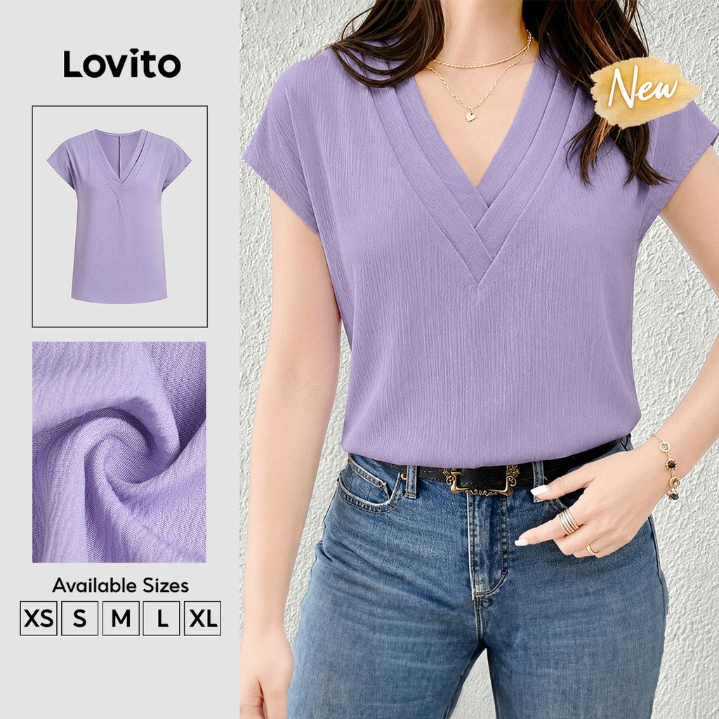 (New Arrival) Lovito Blusa Roxa Feminina De Trabalho Primavera/Verão Manga Curta Decote V Colarinho Contrastante Plissada BLB202P2D652
