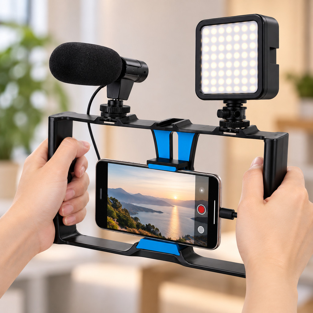 Estabilizador Suporte Gaiola Cage Para Celular Com Microfone E Luz LED Para Vlog Lives E Gravações