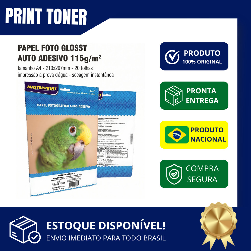 Papel Fotográfico Auto Adesivo A4 Branco 20 folhas Para Personalização 115g/m²