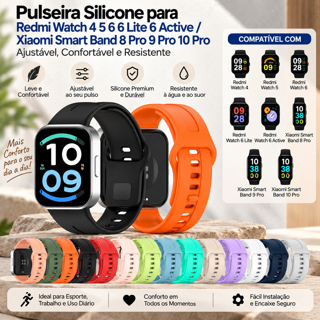 Pulseira Silicone Redmi Watch 4 5 6 6 Lite 6 Active / Xiaomi Smart Band 8 Pro 9 Pro 10 Pro Ajustável Confortável