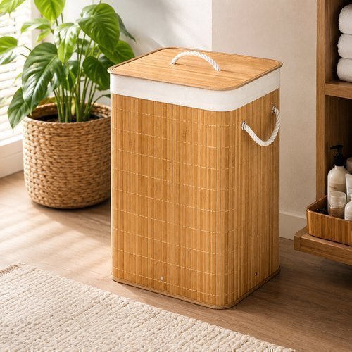 Cesto Roupas Tampa Alça Bambu 50 Litros Bege Lehavi
