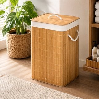 Cesto de Roupas com Tampa e Alça de Bambu 50 Litros