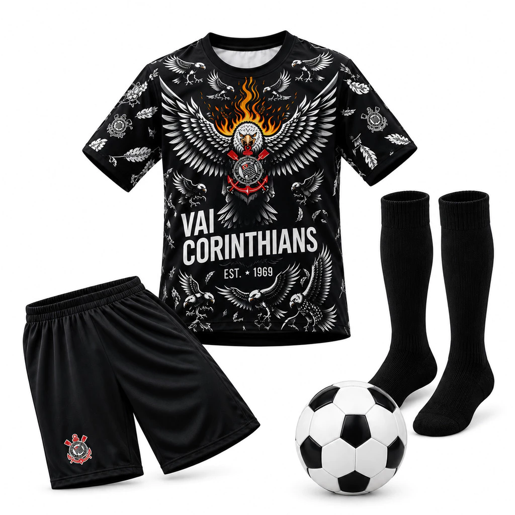 CJ-INF-ÁGUIA-1969 Preto Conjunto Infantil Camiseta + Short + Bola + Meião — imagem 1