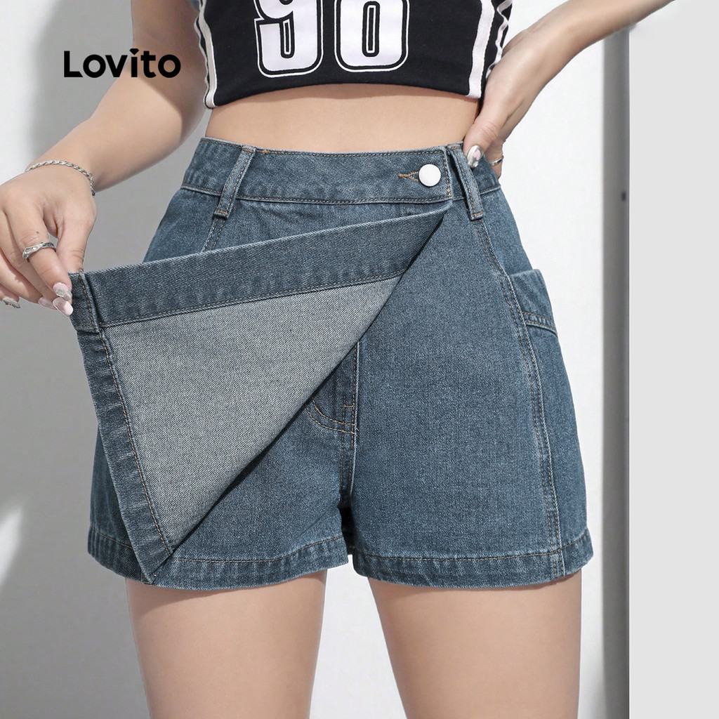 (Casual) Lovito Shorts Jeans com Boca de Cobertura e Bolso Lavado Primavera/verão Shorts Jeans Azuis L142ED447