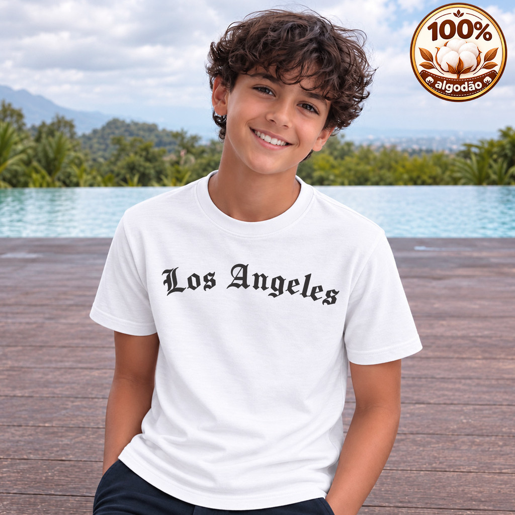Camiseta Estampada Básica 100% Algodão Los Angeles Unissex Criança Adolescente - Diversas Cores e Tamanhos
