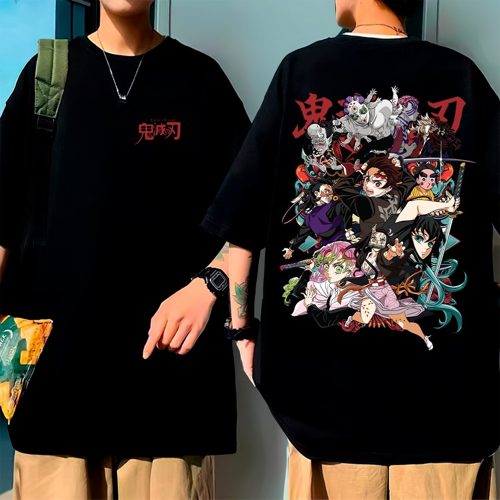 Camiseta unissex nova de 2026, 100% algodão, estampada com personagens do anime Demon Slayer, modelagem solta.