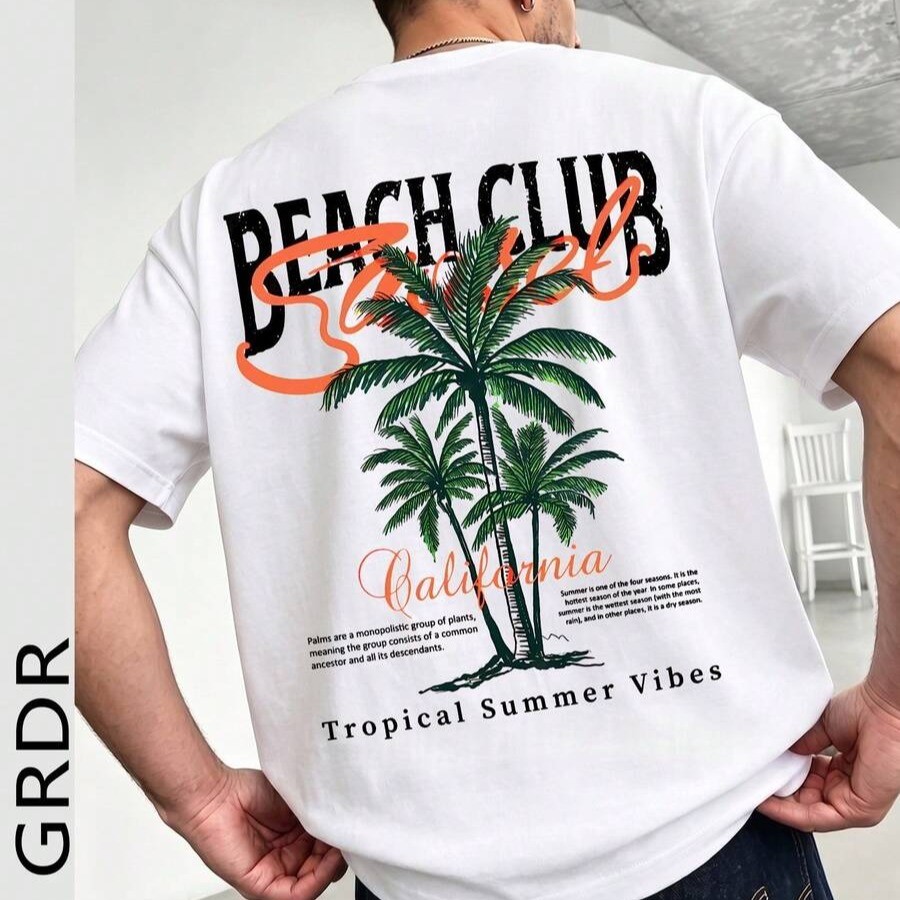 Camiseta Masculina California Beach Club Tropical Estampada Unissex Verão Praia Streetwear Moda Casual