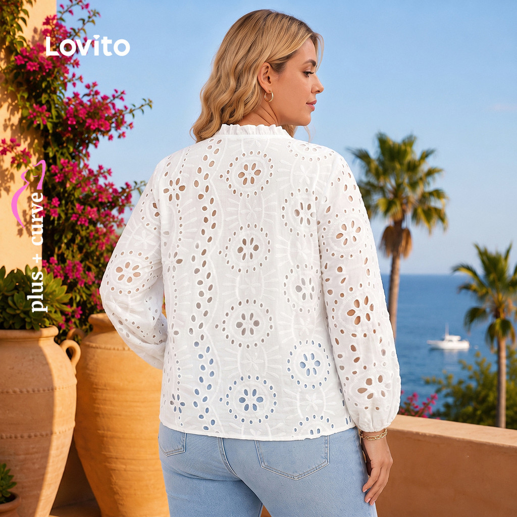 (Trendy) Blusa Social Feminina Lovito Blusa Plus Size Férias com Ilhós Lisos e Botões Bordados LBL22272 · foto 2
