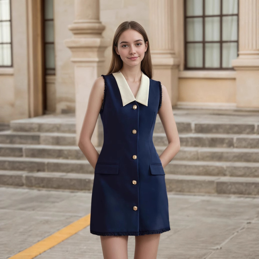 Chingo Vestido Feminino Sem Mangas Camisa Com Decote Em V Gola Branca Botão Dourado Frente Cintura Alta Slim Fit Curto F
