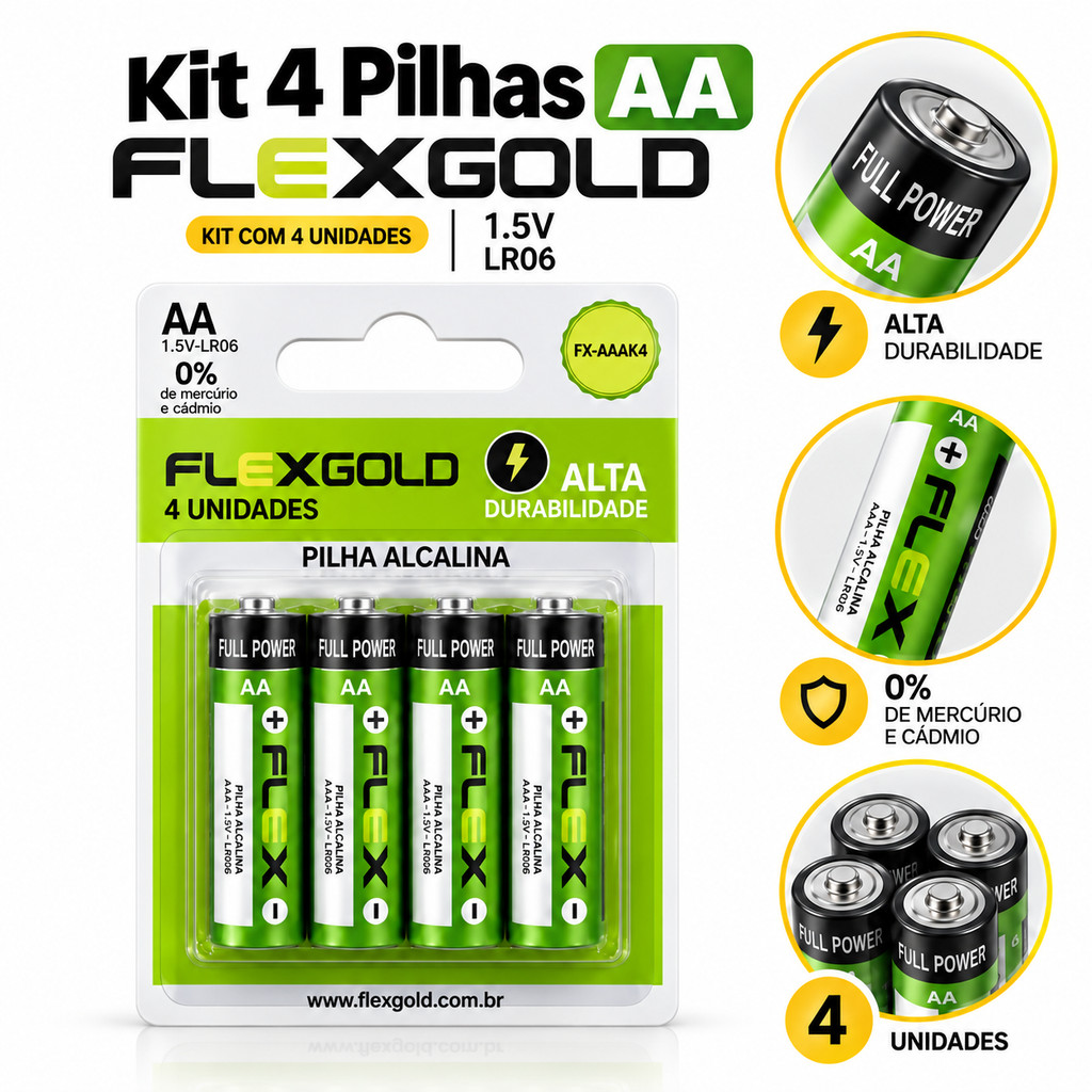 Pilhas Alcalinas AA 1.5V Kit 4 Unidades Alta Duração