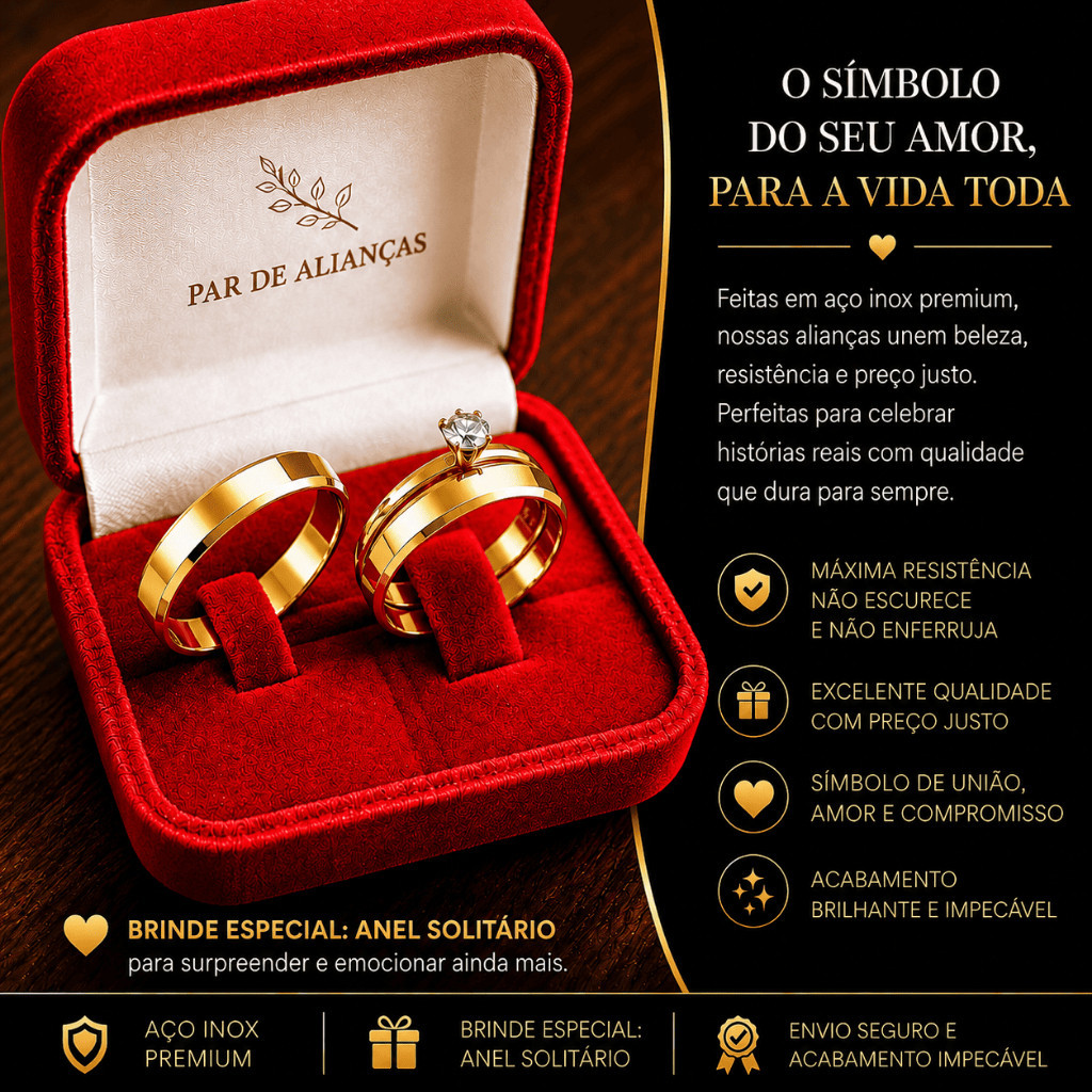 KIT Par Alianças Chanfrada Banhada Dourado + Anel Solitário - ( Noivado e Namoro... ) — imagem 2 de 2