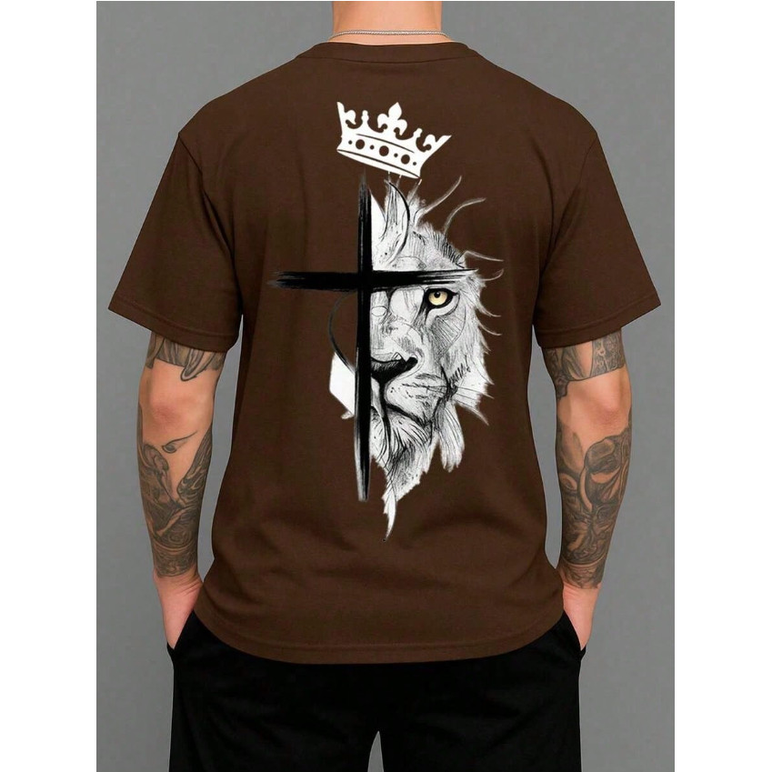 Camiseta Masculina Religiosa Gola Redonda Camisa Confortável Estampada Leão Jesus Rei Cristo