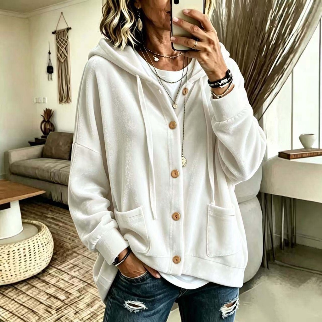 Outono inverno novo estilo cor sólida Casual moda botão com capuz ouro veludo manga comprida Cardigan jaqueta casaco fem