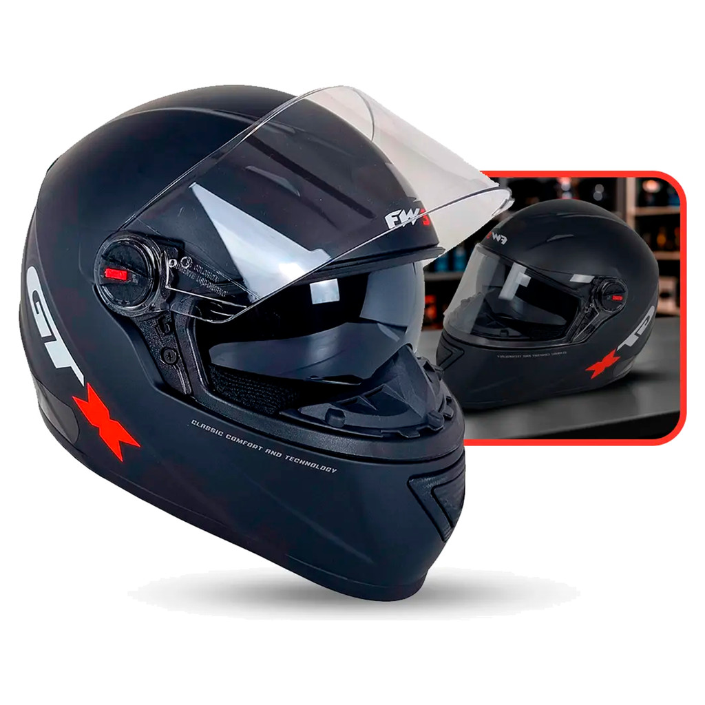 Capacete para Moto Fechado GTX Comfort Preto Fosco Com Óculos Interno e Viseira Cristal Tamanho 56 - FW3