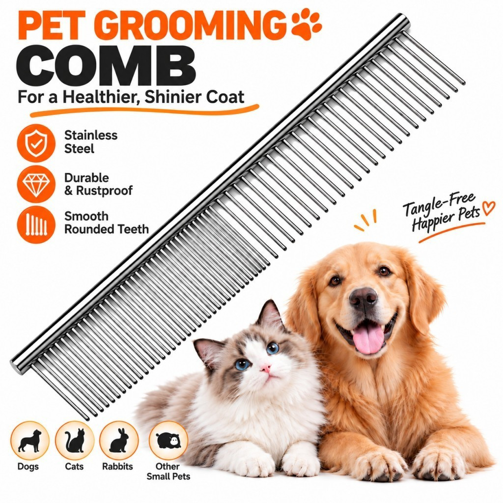 Pente de Aço Inoxidável para Tosa de Animais de Estimação, Pente Desembaraçador de Dentes Finos e Largos para Cães e Gat