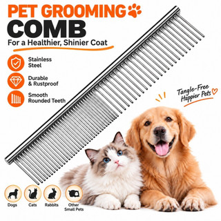 Pente de Aço Inoxidável para Tosa de Animais de Estimação, Pente Desembaraçador de Dentes Finos e Largos para Cães e Gat