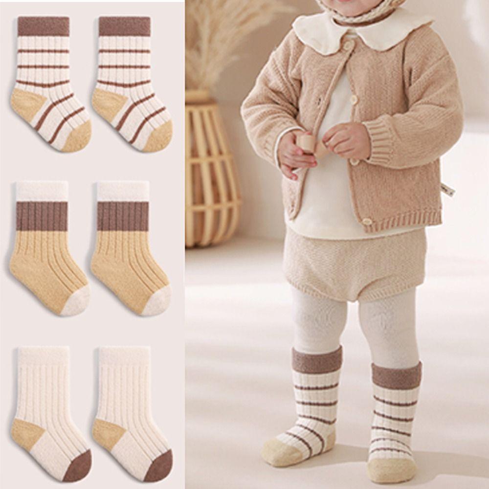 3 Pares De Meias De Pelúcia Para Bebês , Listradas De Desenhos Animados Espessadas Crianças Quentes E Macias Meninos Rec