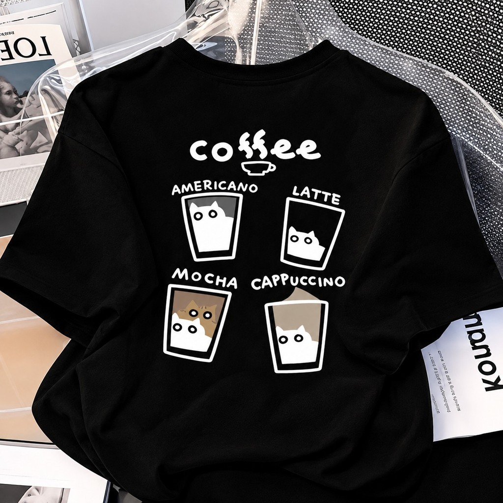Camisa Oversized unissex confortável casual 100% algodão Coffee Café Gatinho Preto Lançamento