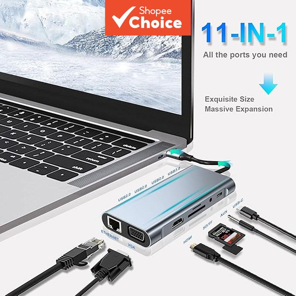 Hub USB C, Adaptador USB C 11 em 1 com Dongle 4K HDMI, VGA, PD Tipo C, USB 3.0, Ethernet RJ45, Leitor de cartão SD/TF,