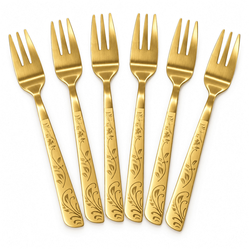 Garfo Sobremesa Dourado Aço Inox Gravação Floral Kit 6 Peças Bolo Torta Doce Festa Talher