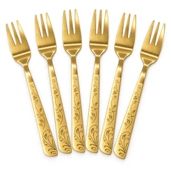 Garfo Sobremesa Dourado Aço Inox Gravação Floral Kit 6 Peças Bolo Torta Doce Festa Talher