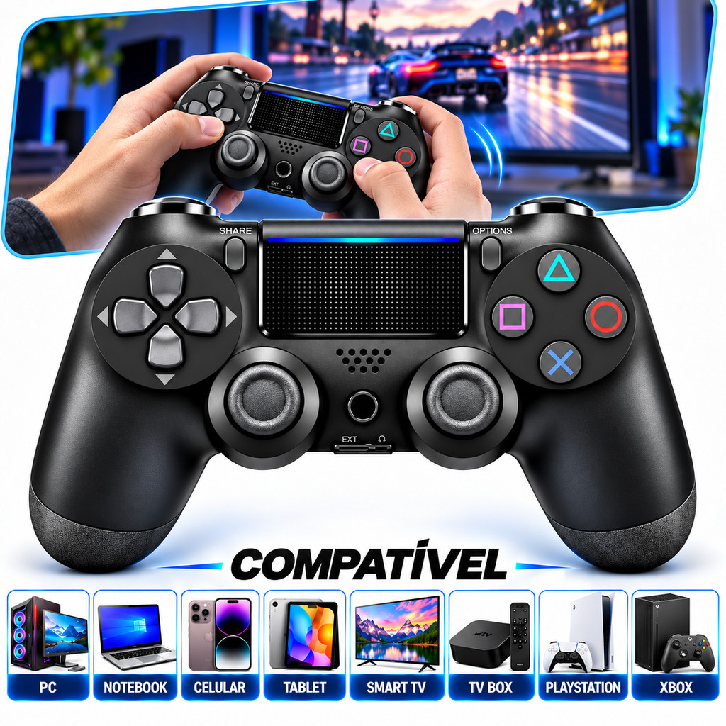 Controle Sem Fio Bluetooth Gamepad Joystick Compatível com PS4 PC Notebook Smart TV e Celular