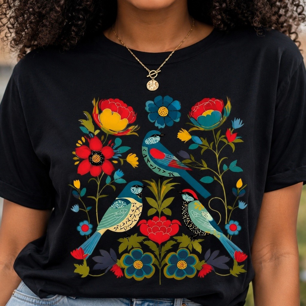 Camiseta Feminina Estampada Flores e Pássaros Confortável Algodão Moda Atual